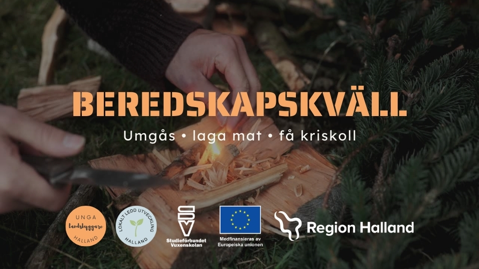 En person använder tändstål. Bildtexten visar: "Beredskapskväll för unga, umgås, laga mat och få kriskoll"